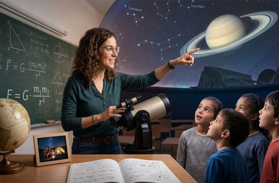 Ana Tiebas Ortega explicando la ley de la gravitación y astronomía a un grupo de niños en un taller de divulgación científica.