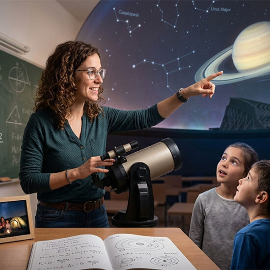 Ana Tiebas Ortega explicando la ley de la gravitación y astronomía a un grupo de niños en un taller de divulgación científica.